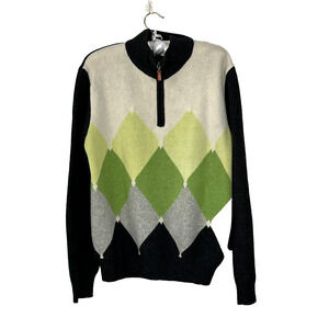 Heritage Men's Quarter Zip Wool Sweater Green Diamond Argyle Pattern